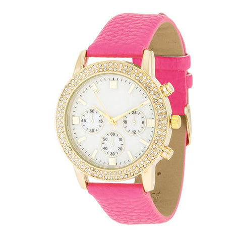 Gold Shell Pearl Watch With Crystals - TW-14402-PINK