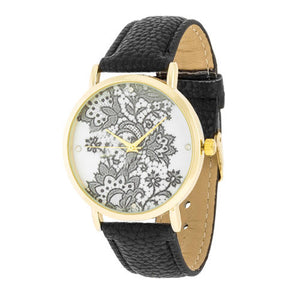 Gold Watch with Floral Print Dial - TW-14540-BLACK