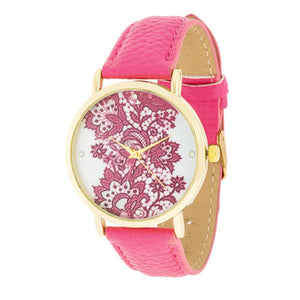 Gold Watch with Floral Print Dial - TW-14540-PINK