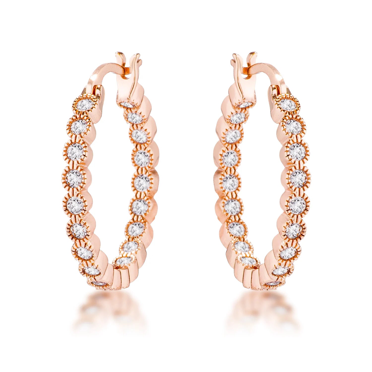 USA IMPORT Rose Gold Plated Dotted Clear CZ Round Bezel Hoop Earrings - LSE02025A-C01
