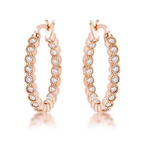 USA IMPORT Rose Gold Plated Dotted Clear CZ Round Bezel Hoop Earrings - LSE02025A-C01