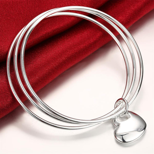 Lucky Silver - Silver Designer 3 Ring Bangle with Heart Pendant - LSB175