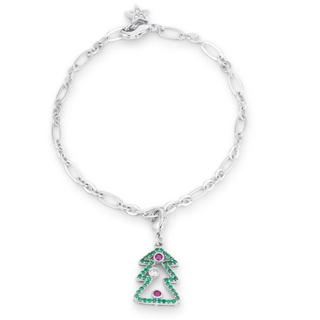 Christmas Tree 0.35ct CZ Rhodium Holiday Charm Bracelet - B01489R-V01