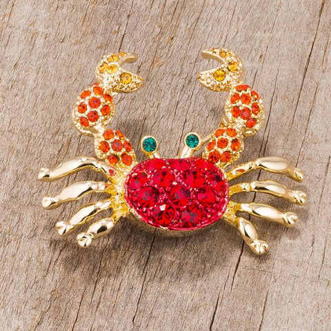 Gold Tone and Red Crab Brooch With Crystals - BR00085G-V01