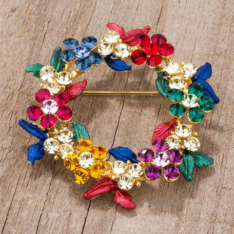 Multicolor Floral Wreath Brooch With Crystals - BR00086G-V01