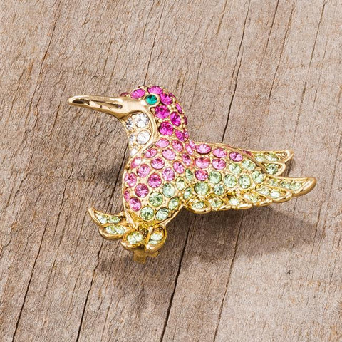Multicolor Pink Humming Bird Brooch With Crystals - BR00088G-V01