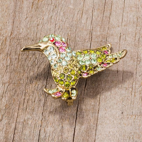 Multicolor Green Humming Bird Brooch With Crystals - BR00088G-V02