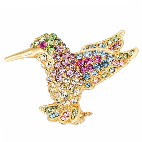 18k Gold Plated Light Multicolored Crystal Hummingbird Brooch - BR00088G-V03