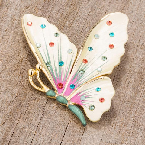 Multicolor Gold Tone Butterfly Brooch With Crystals - BR00089G-V04
