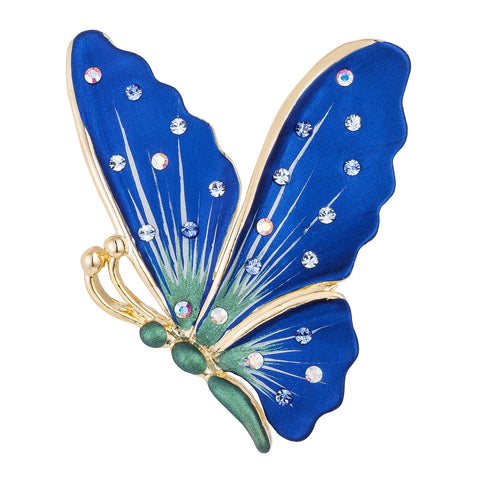 18k Gold Plated Hand Painted Crystal Accented Blue Butterfly - BR00089G-V05