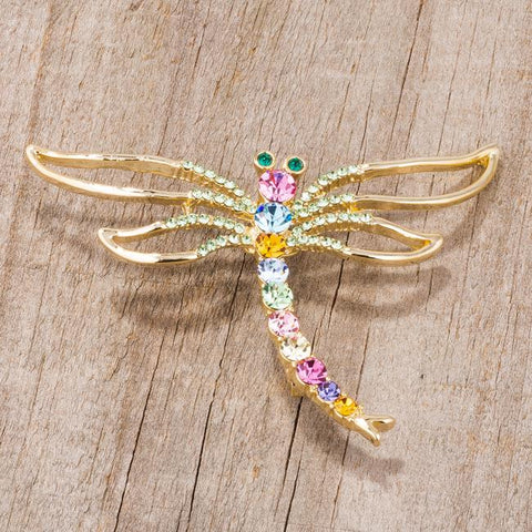 Gold Tone Multicolor Dragonfly Brooch With Crystals - BR00090G-V01