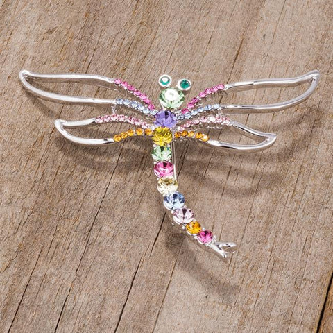 Rhodium Multicolor Dragonfly Brooch With Crystals - BR00090R-V01