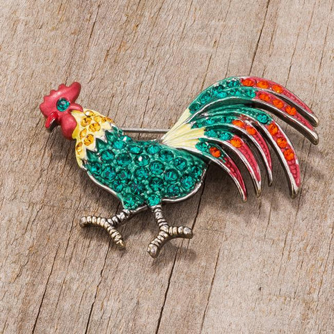 Antiqued Rooster Brooch With Crystals - BR00092R-V01