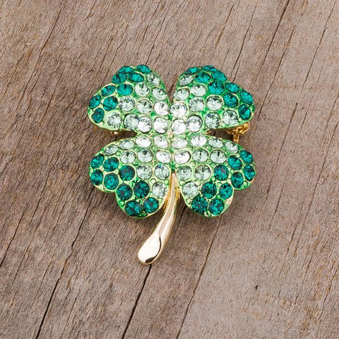 Green And Gold Tone Shamrock Brooch With Crystals - BR00093G-V01