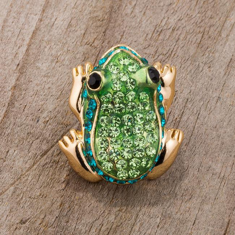 Green And Gold Tone Frog Brooch With Crystals - BR00094G-V01