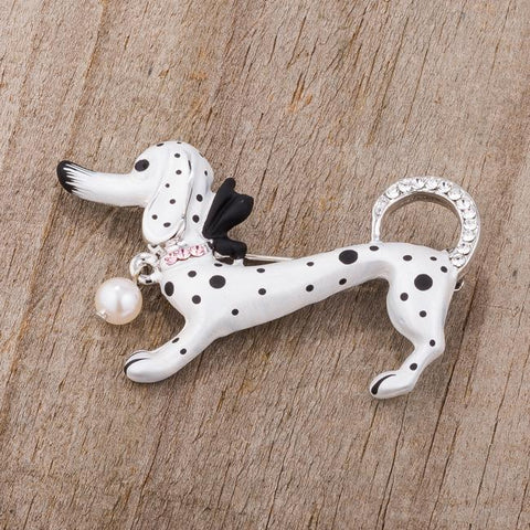 White Dachshund Brooch With Crystals - BR00097R-V01