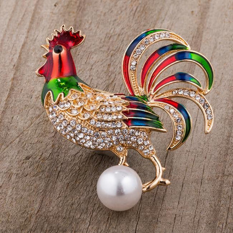 Gold Tone Multicolor Enamel Rooster Brooch With Crystals - BR00098G-V01