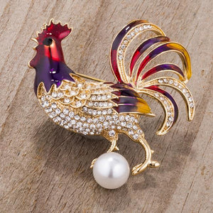 Gold Tone Multicolor Rooster Brooch With Crystals - BR00098G-V02