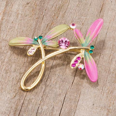 Gold Tone And Pink Dragonfly Brooch With Crystals - BR00099G-V01