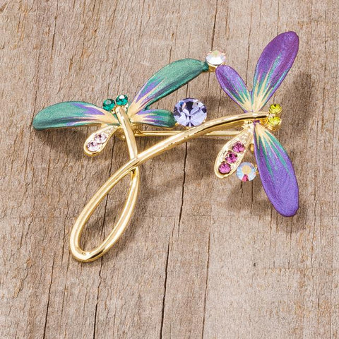 Gold Tone And Purple Dragonfly Brooch With Crystals - BR00099G-V02