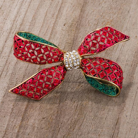 Red And Green Bow Brooch With Crystals - BR00104G-V01
