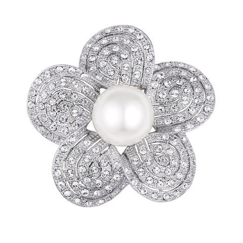 Rhodium Plated Crystal and Simulated Pearl Sakura Brooch - BR00110R-C84