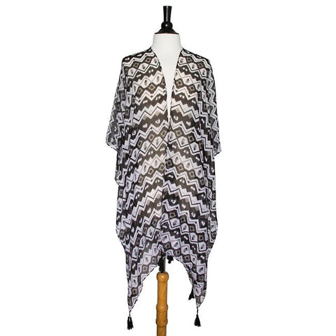 Black Gena Geometric Print Shawl Cover Up With Tassels - CO-CMF3535-BLACK