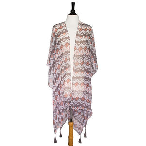 Grey Gena Geometric Print Shawl Cover Up With Tassels - CO-CMF3535-GREY