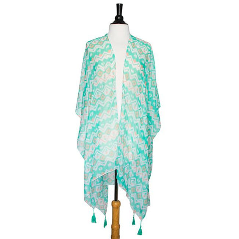 Mint Gena Geometric Print Shawl Cover Up With Tassels - CO-CMF3535-MINT