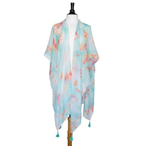 Mint Gloria Botanical Cover Up Shawl With Tassels - CO-CMF3539-MINT