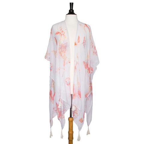 White Gloria Botanical Cover Up Shawl With Tassels - CO-CMF3539-WHITE