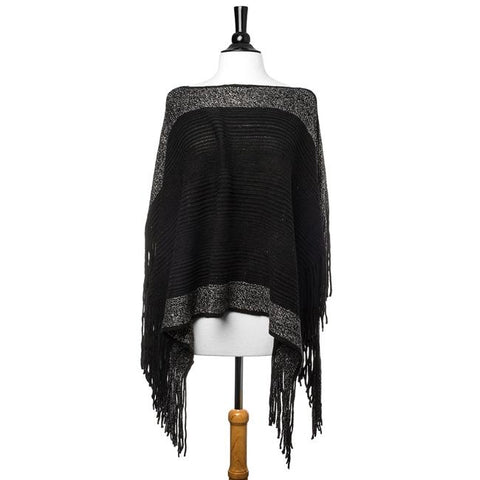Black Lightweight Knit Fringe Poncho - CO-CMF5236-BLACK