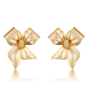 18k Matte Gold Plated Crystal Accented Bow Earrings - E01961G-V01