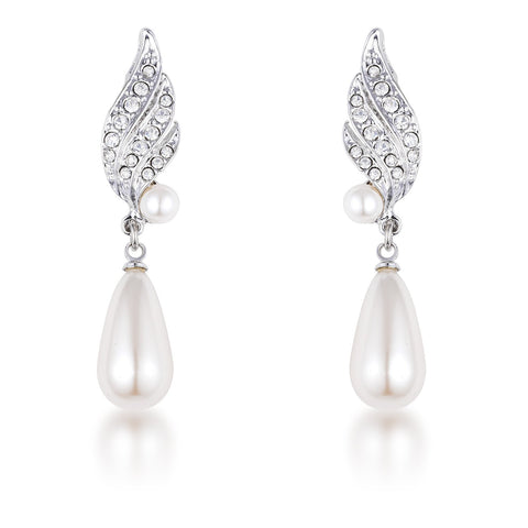 Rhodium Plated Simulated Pearl and Crystal Bridal Drop Earrings - E01964R-C84