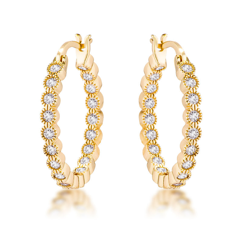 USA IMPORT Gold Plated Dotted Clear CZ Round Bezel Hoop Earrings - LSE02025G-C01