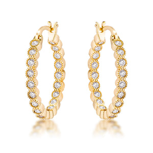 USA IMPORT Gold Plated Dotted Clear CZ Round Bezel Hoop Earrings - LSE02025G-C01