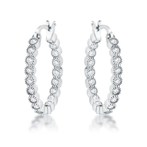 USA IMPORT Rhodium Plated Dotted Clear CZ Round Bezel Hoop Earrings - LSE02025R-C01