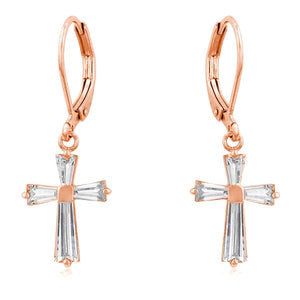 Rose Gold Plated CZ Cross Drop Earrings LSE20127A-C01