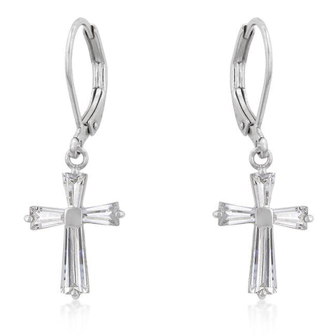 Cubic Zirconia Rhodium Plated Finish Cross Earrings - E20127R-C01