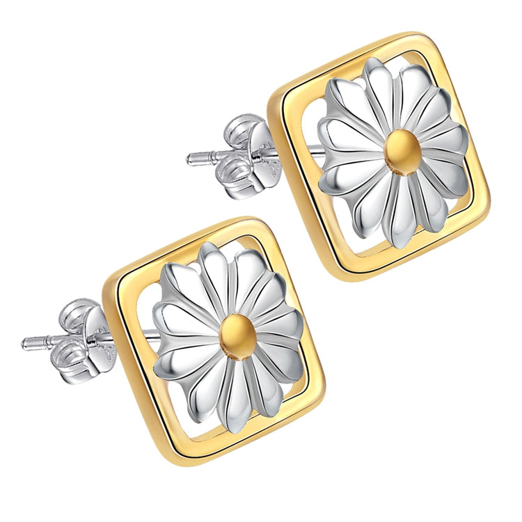 Lucky Silver - Silver Designer Flower in Square Stud Earrings - LOCAL STOCK - LSE222