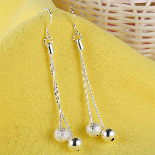 Lucky Silver - Silver Designer 2 String Ball Dangle Earrings - LOCAL STOCK - LSE323