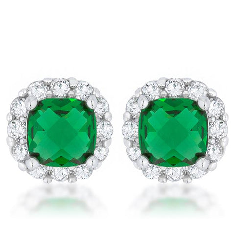 Liz 2ct Emerald CZ Rhodium Classic Cushion Stud Earrings - E50178R-C40