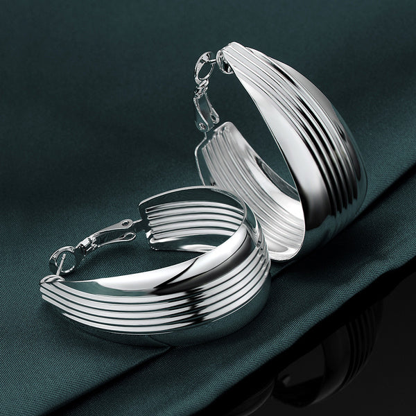 Lucky Silver - Silver Designer Grid Hoop Oval Earrings - LOCAL STOCK - LSE568