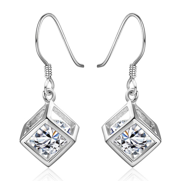 Lucky Silver - Silver Designer Cubed Swarovski Crystal Earrings - LOCAL STOCK - LSE583