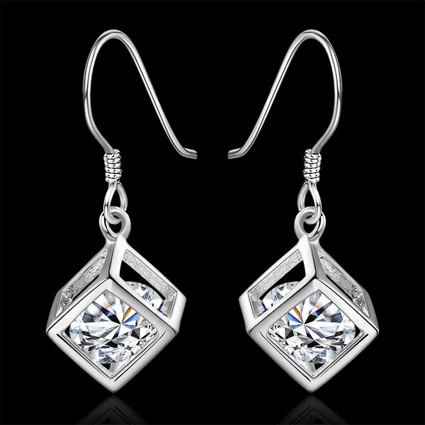 Lucky Silver - Silver Designer Cubed Swarovski Crystal Earrings - LOCAL STOCK - LSE583