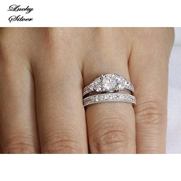 1 Carat Vintage Style Solid 925 Sterling Silver Bridal Wedding Engagement Ring Set - LS CFR8102