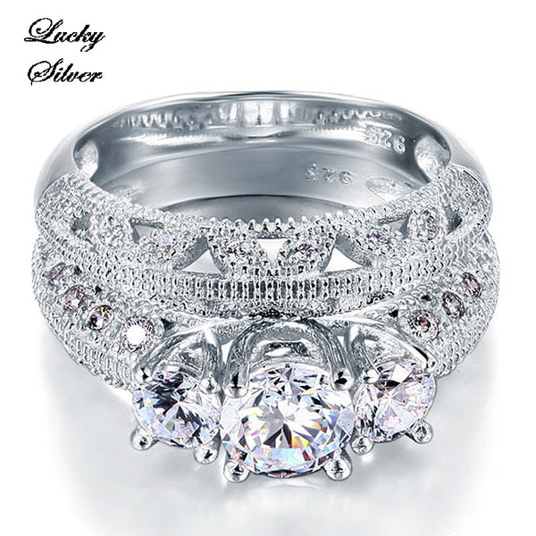 1 Carat Vintage Style Victorian Art Deco Solid 925 Sterling Silver Bridal Wedding Engagement Ring Set - LS CFR8100