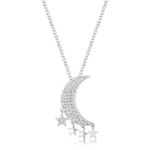 Dazzling Rhodium Moon and Stars Necklace with CZ .6Ct - N01328R-C01