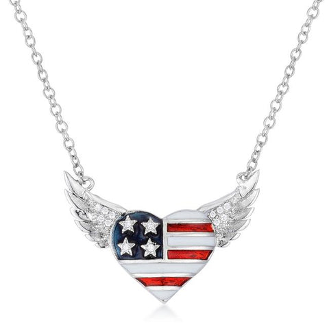 Patriotic Winged Heart Necklace with CZ Accents .14 Ct  - N01332R-V01