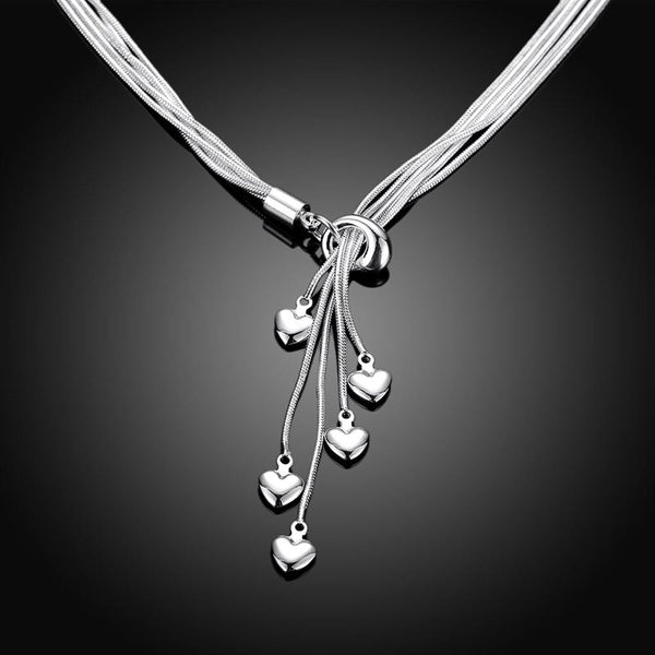 Lucky Silver - Silver Designer 5 String Lariat Necklace - Heart pendants - LOCAL STOCK - LSN092